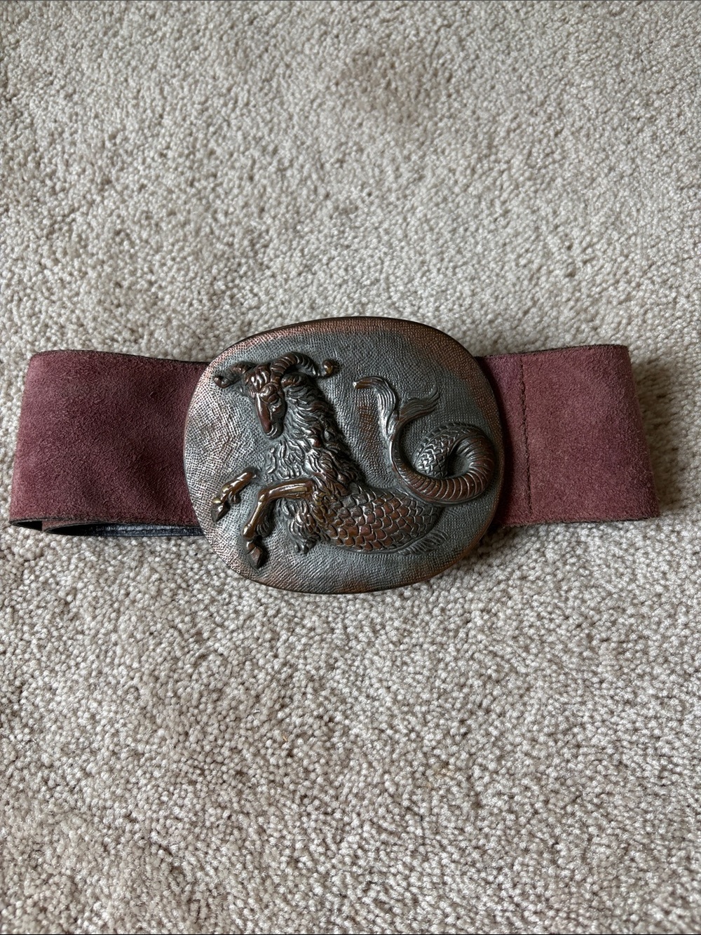 Wide Burgundy Suede Belt with Bronze Silver Mythical Creature Buckle